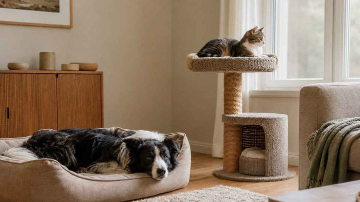 Border Collie und Katze entspannen in einem tierfreundlich gestalteten Wohnzimmer.
