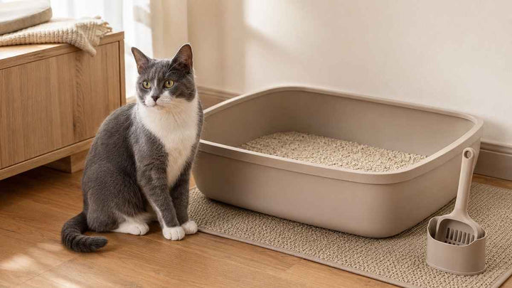 Grauweiße Katze neben einer großen, sauberen Katzentoilette in einer ruhigen Zimmerecke.