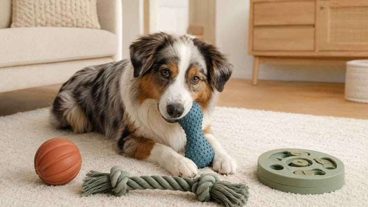 Australian Shepherd mit Ball, Kauspielzeug, Zerrseil und Futterspielzeug.